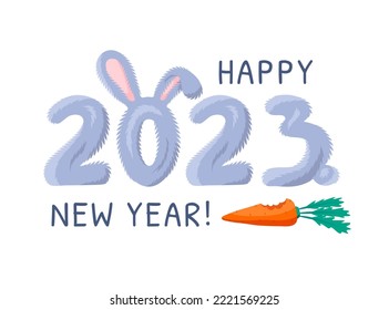 Cartoon Color Happy New Year 2023 Concept Poster Card Invitation. Vector illustration of Year Number with Rabbit Tail and Ears