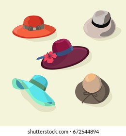 Cartoon Color Hats Set Fashion for Men and Women Style Accessories Flat Style. Vector illustration 