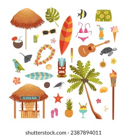 Cartoon Color Hawaiian Beach Party Icons Set Concept Flat Design Style Include of Cocktail, Palm, Bar and Surf Board. Vector illustration