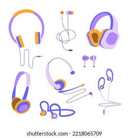 Cartoon Farbe Kopfhörer Wired und Wireless Icons Set Flat Design Style. Vektorgrafik von Earphone Music Gadget