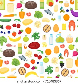 Cartoon Color Healthy Food Background Pattern on a White Nutrition Diet for Health Flat Design Style. Vector illustration