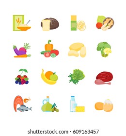 Cartoon Color Healthy Food Set Nutrition Diet for Health Flat Design Style. Vector illustration