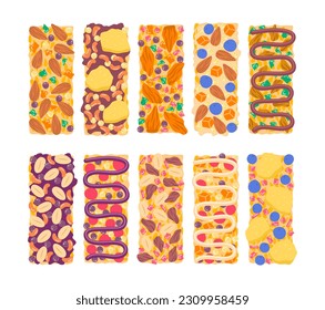 Cartoon Color Healthy Muesli Bars with Different Nuts and Dry Fruits Set Snack Concept Flat Design Style . Vector illustration