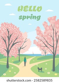 Cartoon Color Hello Spring Placard Poster Card Season Greeting Concept Flat Design Style. Vector illustration of Springtime and Cherry Blooming