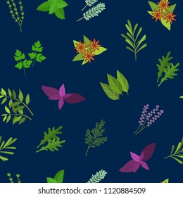 Cartoon Color Herbs Spices Seamless Pattern Background Aroma and Flavor Ingredient of Food Concept Flat Design Style. Vector illustration of Condiments