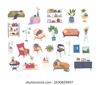 Cartoon Color Home Furniture Interior Decor Elements Set Concept Flat Design Style Include of Sofa, Table, Armchair and Plant. Vector illustration