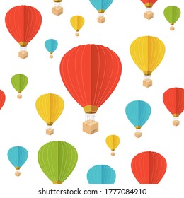 Cartoon Color Hot Air Ballon Seamless Pattern Background on a White Symbol of Adventure. Vector illustration