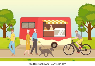 Cartoon Color Hotdog or Sandwich Street Food Cart in Park Concept Landscape Scene Flat Design Style. Vector illustration