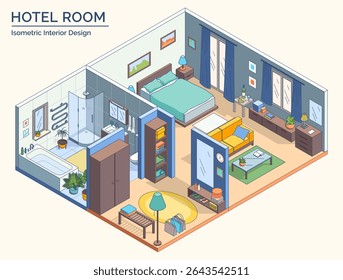 Cartoon Color Hotel Room Interior Inside Concept 3d Isometric View Line Elements. Vector illustration of Comfortable Apartment Plan