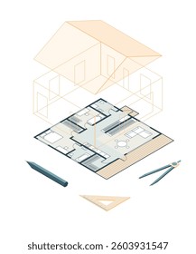 Cartoon Color House Floorplan Drawing with Pencil 3d Isometric View. Vector illustration of Project Building with Interior Elements