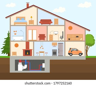 Cartoon Color House Section Building with Bedroom, Bathroom and Kitchen Concept Flat Design Style. Vector illustration