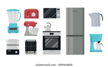 Cartoon Color Household Appliances Icon Set Include of Refrigerator, Oven and Cooker Concept Flat Design Style. Vector illustration