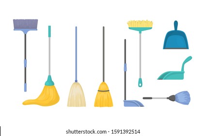 Cartoon Color Housework Broom and Mop Icon Set Flat Design. Vector illustration of Clean Tools Icons