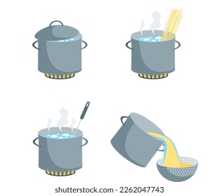 Cartoon Color How to Boiling Pasta Set Concept Flat Design Style. Vector illustration of Preparation Spaghetti