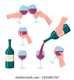 Cartoon Color Human Hands and Drinking Red Wine Set Flat Design Style Concept Party. Vector illustration of Alcohol Beverage Wineglass
