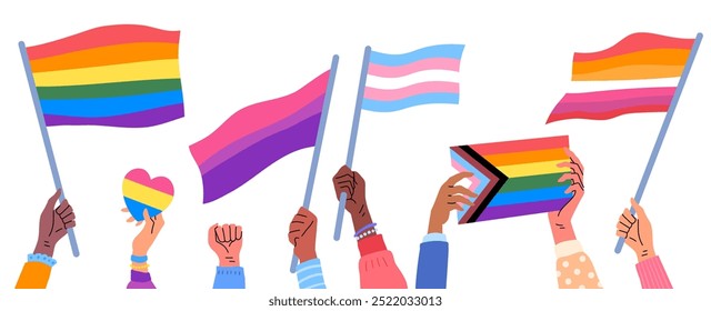 Cartoon Color Human Hands Hold LGBT Progressive, Lesbian and Bisexual Flags Set Concept Flat Design Style. Vector illustration