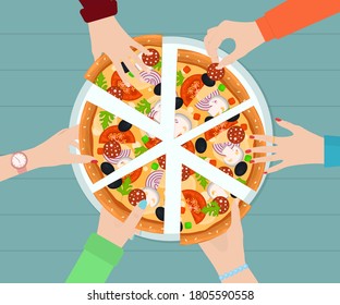 Cartoon Color Human Hands and Slice of Pizza Concept Flat Design Style Symbol of Party. Vector illustration