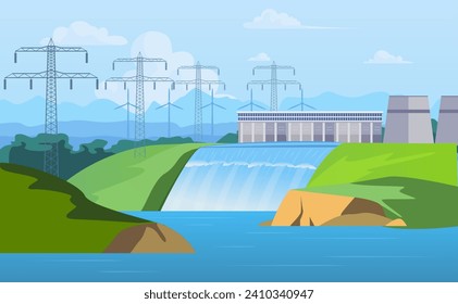 Cartoon Color Hydropower Station Generator Landscape Scene Renewable Energy Concept Flat Design Style. Vector illustration of Hydroelectric Generation