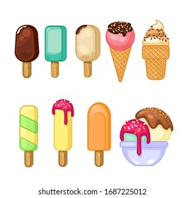 Cartoon Color Ice Cream Icon Set Include of Vanilla, Strawberry and Mint Flavors. Vector illustration of Icons