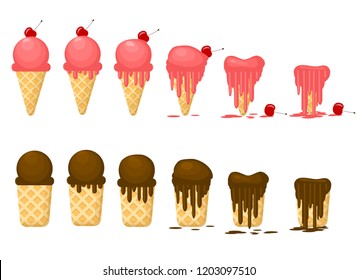 Cartoon Color Ice Cream Melting in Waffle Cone Icon Set Sweet Food Dessert Concept Element Flat Design Style. Vector illustration of Icecream