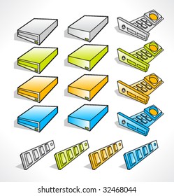 Cartoon color icons of cd-drive, hard-drive, memory and video card. Vector