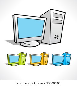 Cartoon color icons of computer corps and monitor. Vector