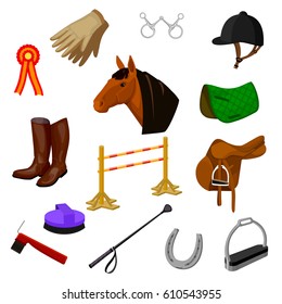 cartoon color icons of equestrian sports and grooming items
