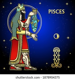 Cartoon color illustration: Zodiac sign Pisces. Character of Sumerian mythology. Full growth. Background - night stars sky. Vector illustration