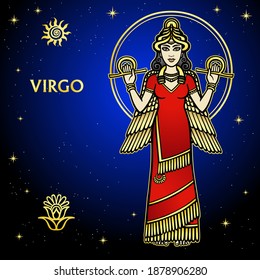 Cartoon color illustration: Zodiac sign Virgo. Character of Sumerian mythology. Full growth. Background - night stars sky. Vector illustration