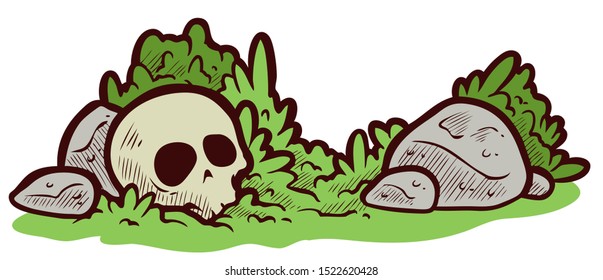 
Cartoon color image of skull on stones and grass background. Vector illustration.