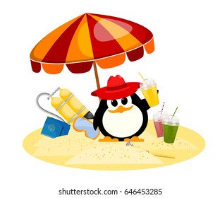 Cartoon color image of a small penguin under a beach umbrella on vacation. Young child 
of a penguin with scuba diving, mask, smoothies, passport on the beach. Vector 
illustration