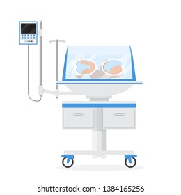 Cartoon Color Infant Incubator with Little Newborn Baby Inside Neonatal Clinic Treatment and Care Concept. Vector illustration