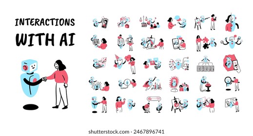 Cartoon Color Interaction with AI Concept Set Flat Design Style. Vector illustration of Scenes with Women, Men and Artificial Intelligence