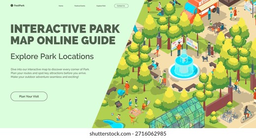 Cartoon Color Mapa de Parque Interactivo Guía en Línea Verano Fest Concepto Anuncio 3d Vista Isométrica. Ilustración vectorial