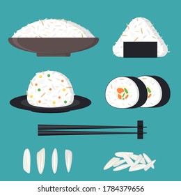 Cartoon Color Japanese Cuisine with Rice Set Flat Design Style Include of Chopsticks, Roll and Nigiri. Vector illustration