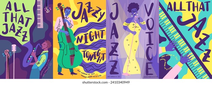 Cartoon Color Jazz Music Festival Poster Card Set Concept Flat Design Style. Vector illustration of Musicians and Musical Instruments