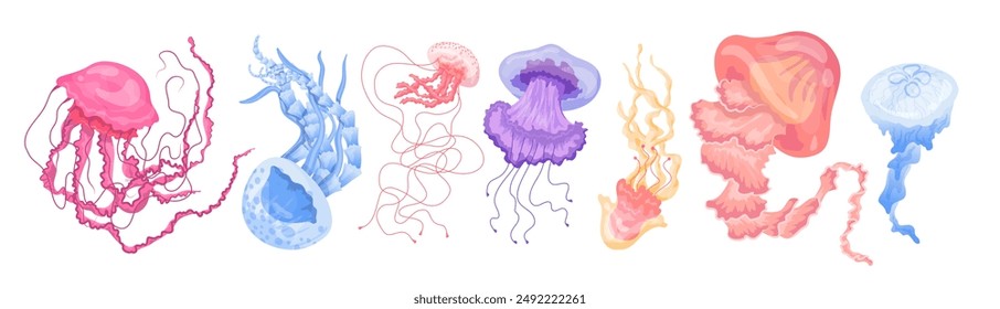 Cartoon Color Jellyfish or Medusa Set on a White Concept Flat Design Style. Vector illustration of Cute Jellyfishes