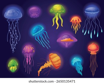 Cartoon color jellyfish. Underwater jelly characters, neon vibrant jellyfish with light effect. Different sea ocean creatures, nowaday vector clipart