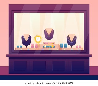 Cartoon Color Jewelry Shop Showcase with Necklaces on Mannequins, Rings with Diamonds and Earrings Concept Flat Design Style. Vector illustration