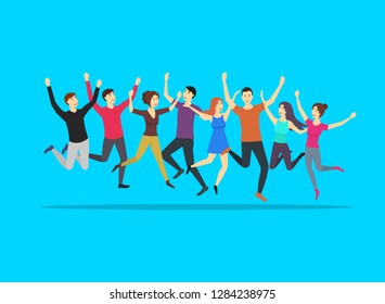 Cartoon Color Jumping Characters People Set Concept Party Element Flat Design Style on a Blue Background. Vector illustration of Happiness and Active Group