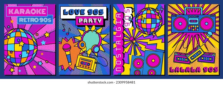 Cartoon Color Karaoke Club Concept Poster Card Invitation Nineties Music Retro Flat Design Style. Vector illustration