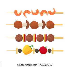 Cartoon Color Kebab on Wooden Skewers Set Grilled Turkish Dish Fast Food Concept Flat Design Style. Vector illustration
