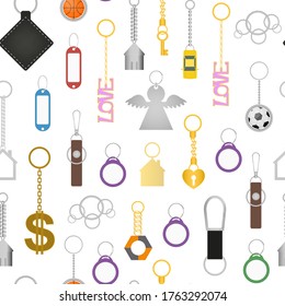 Cartoon Color Keychains Seamless Pattern Background on a White Include Breloque of Heart, Key, Home, Car, Angel and Ball. Vector illustration