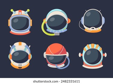 Cartoon Color Kids Astronaut Space Helmet Set Concept Flat Design Style. Vector illustration of Cosmonaut Props Element