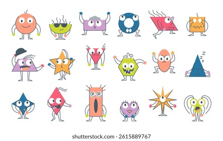 Cartoon Color Kids Geometric Characters with Eyes Set Set Concept Flat Design Style. Vector illustration of Basic Abstract Colored Figures