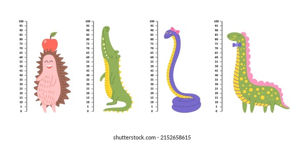 Cartoon Color Kids Growth Rulers Set Concept Flat Design Style. Vector illustration of Child Height Measurement