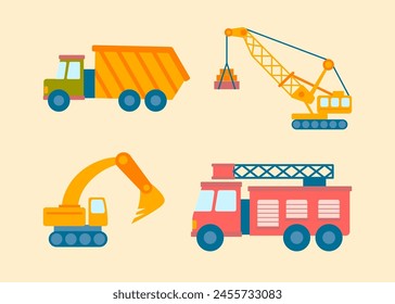 Cartoon Color Kids Toy Building Machinery Set Concept Flat Design Style. Vector illustration of Dump Truck and Excavator Toys