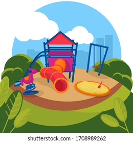Cartoon Color Kindergarten Kids Playground Landscape Background Scene Flat Design Concept Include of Slide and Swing. Vector illustration