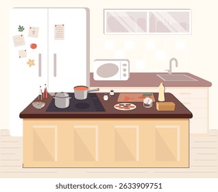 Cozinha de cor de desenhos animados com mobília interior conceito conceito liso estilo de design e elementos de linha. Ilustração vetorial de Frigorífico e Micro-ondas
