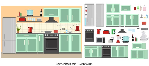 Cartoon Color Kitchen Room Interior Inside Concept Flat Design Style Include of Oven, Stove, Fridge and Kettle. Vector illustration